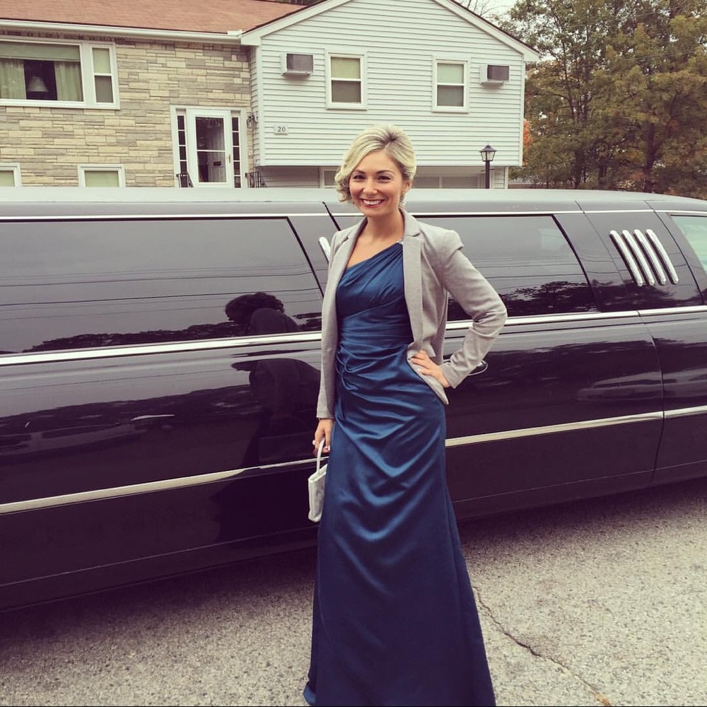 David’s Bridal one strap peacock dress.